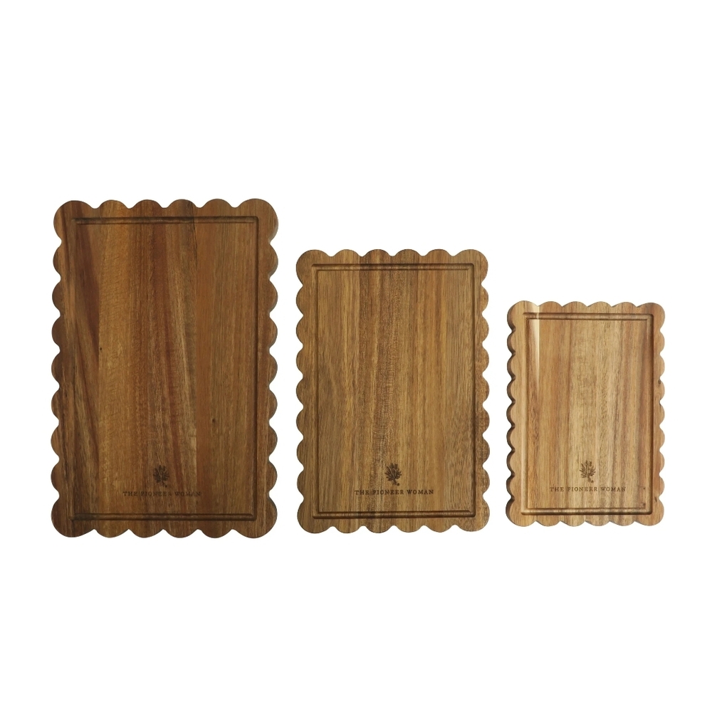 ❤️ 2025 The Pioneer Woman Scalloped Edge Acacia Wood Cutting Board 3 Piece Set - Picture 2 of 7
